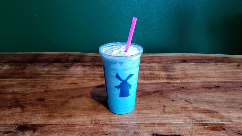 Dutch Bros Birthday Cake shake on a table.