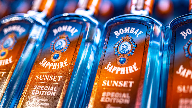 Bottles of Bombay Sapphire Sunset in a row