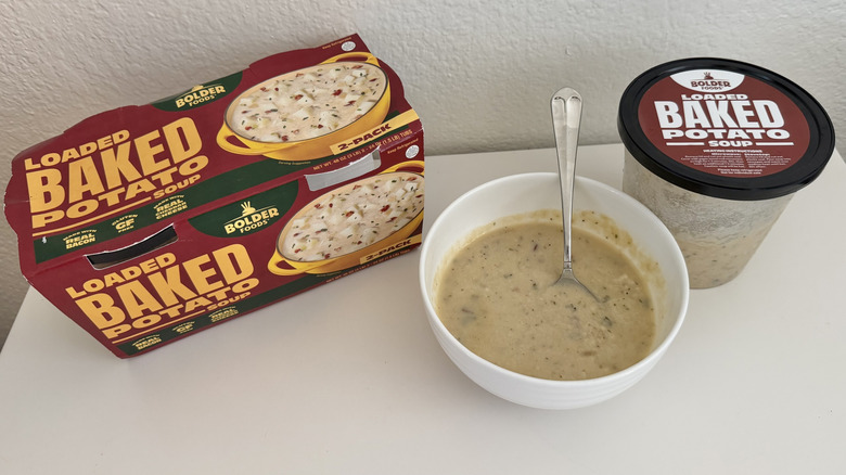 Bolder Foods Loaded Baked Potato Soup in a bowl