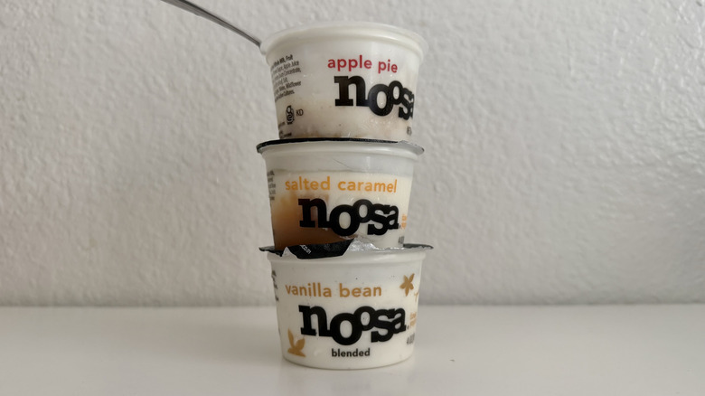 Three Noosa Whole Milk Yoghurt Variety Pack flavors stacked on each other