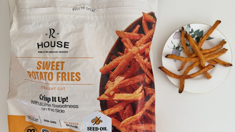 Russet House Straight Cut Sweet Potato Fries bag on a table