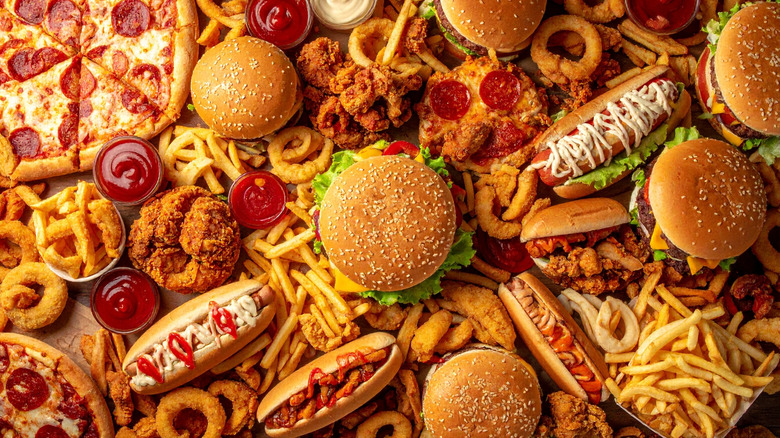 Fast food dishes arranged on table