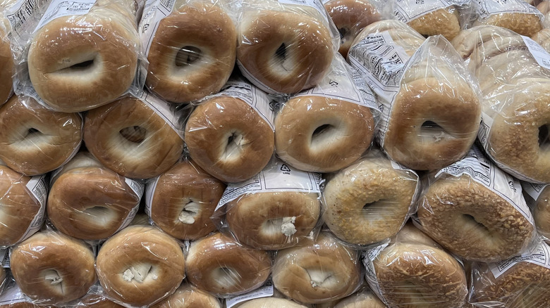 Close up of Costco's bagels piled on each other