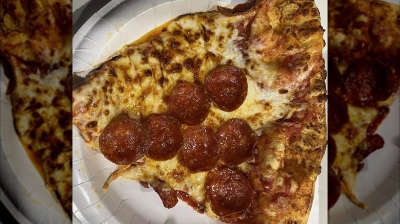 Wet pepperoni pizza on a plate