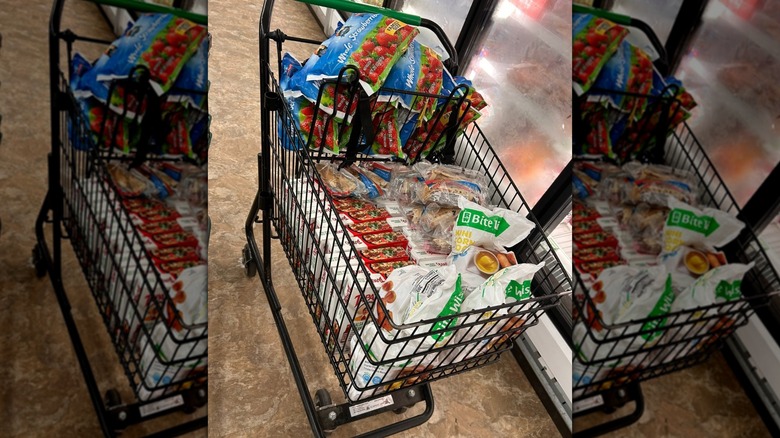 trolley full of freezer food at Dollar Tree, mirrored image