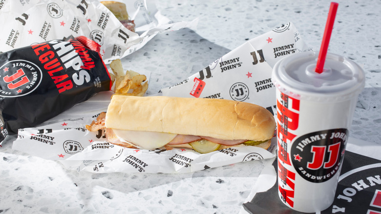 A view of a Jimmy John's combo meal on open packaging