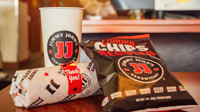 Close up shot of Jimmy John sandwich and chips