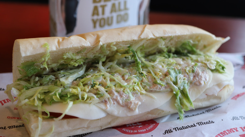Close up of a sub sandwich on Jimmy John's packaging