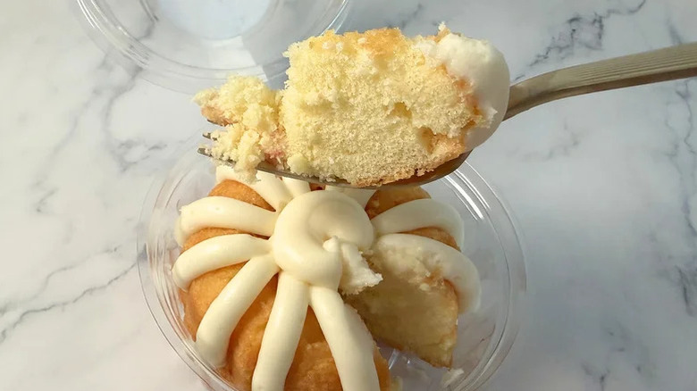 White Chocolate Raspberry Bundtlet piece on a fork