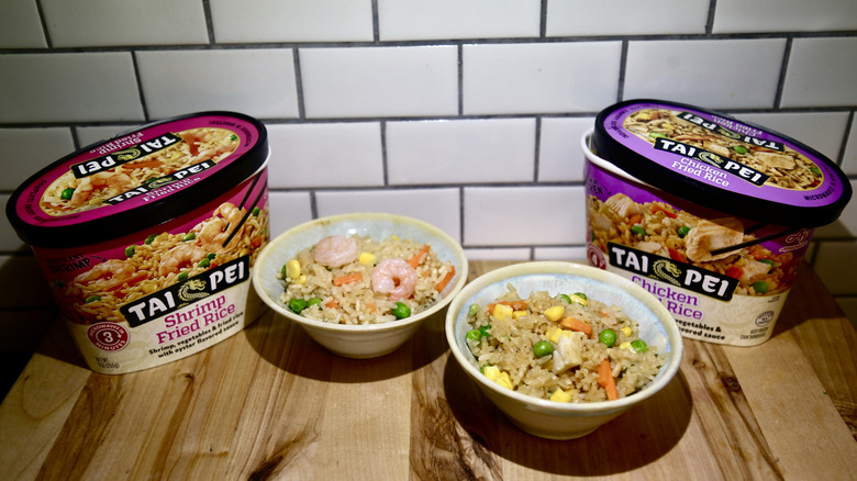 Tai Pei fried rice cartons and bowls