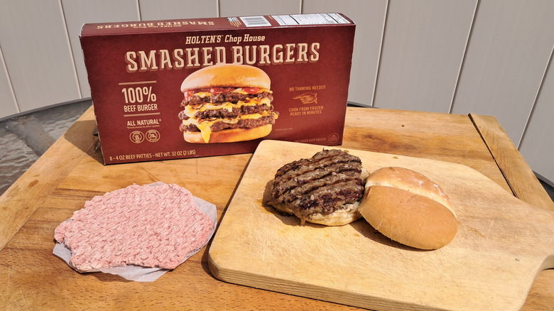 Cooked and raw hamburger patties