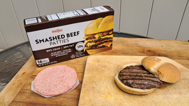 Cooked and raw hamburger patties