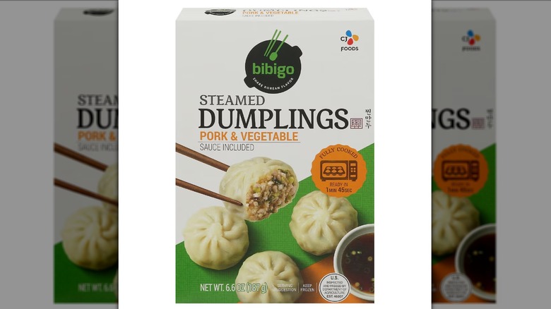 Bibigo Steamed Pork and Vegetable Dumplings on white background