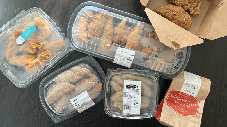 Six different grocery store deli chicken tenders.