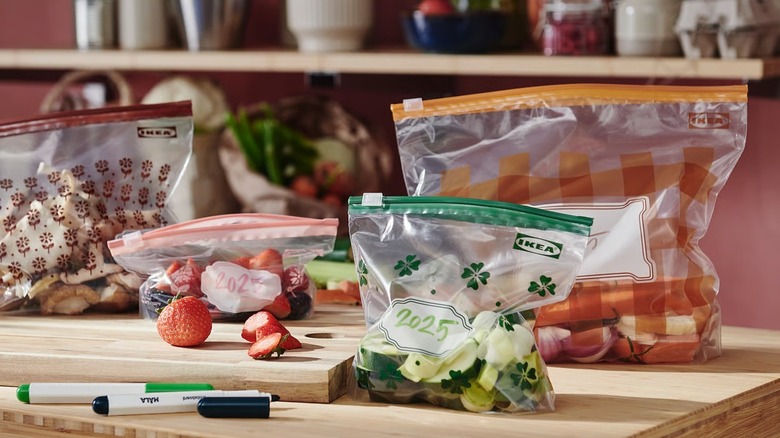 Ikea zipper resealable bags on countertop holding fruits and vegetables