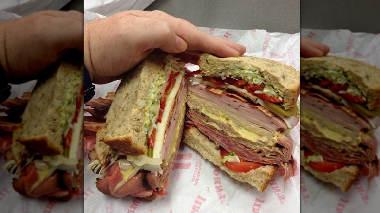 Hand holding Jimmy John's Noah's Ark sandwich