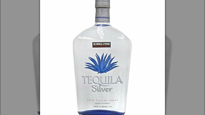 A product shot of Kirkland Silver Tequila showcased on a plain white background