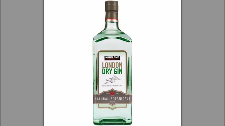 A product shot of Kirkland London Dry Gin shown isolated on a plain white background