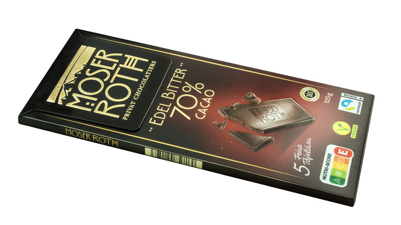 Moser Roth chocolate bar on white background