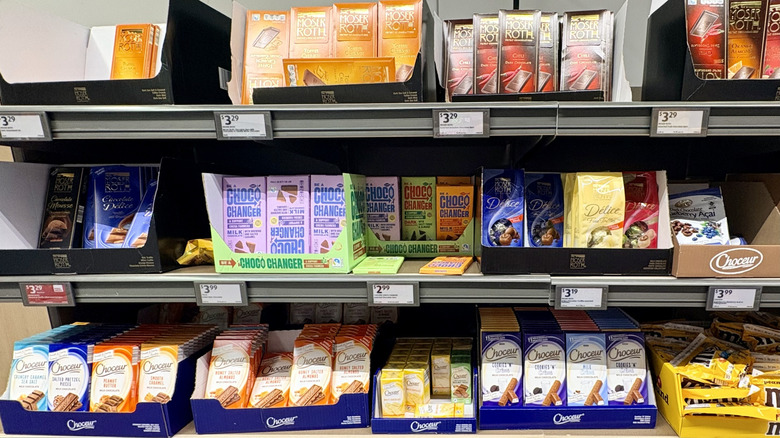 Variety of chocolate bars on display at Aldi