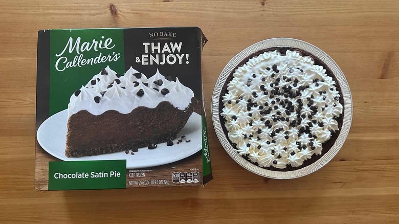 Marie Callender's Chocolate Satin Pie on wooden table