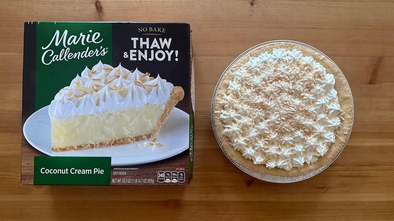 Marie Callender's Coconut Cream Pie on wooden table