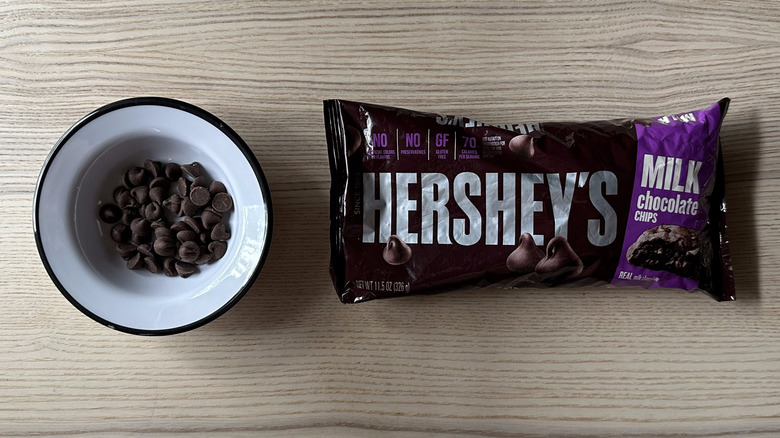 Hershey's Milk Chocolate Chips on wooden table