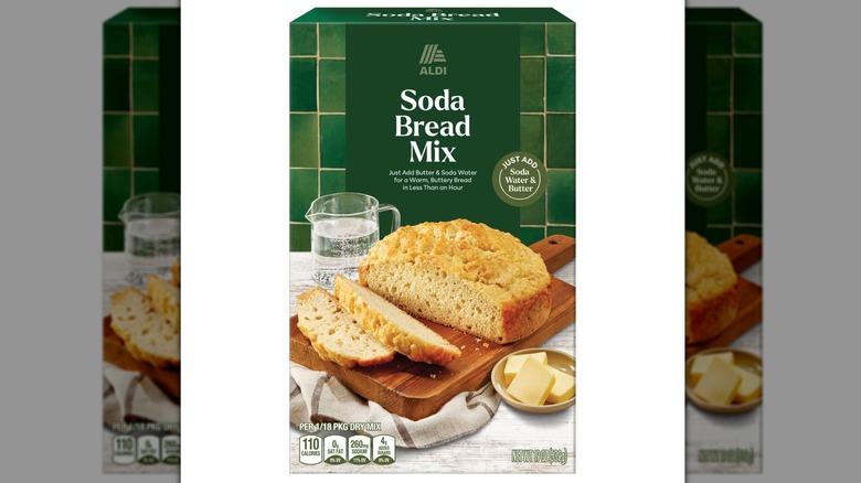 Green box of Aldi brand Irish Soda Bread Mix with photo of soda bread loaf