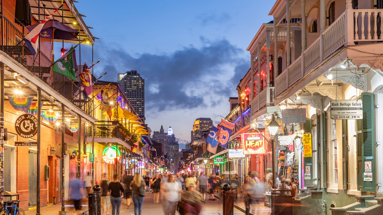 Pubs and bars with neon lights in the French Quarter, downtown New Orleans