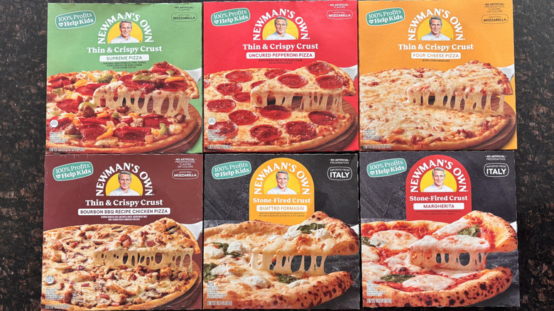 Newman's Own pizza boxes on countertop