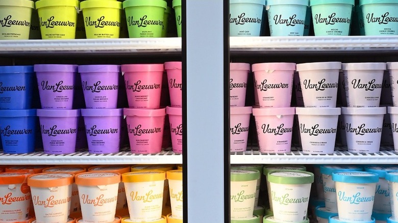 A freezer case filled with various Van Leeuwen ice cream flavors.