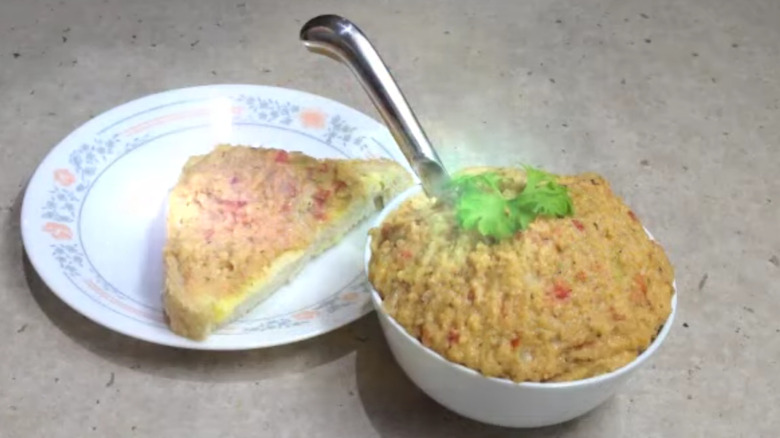 Bowl of mock chicken salad and sandwich