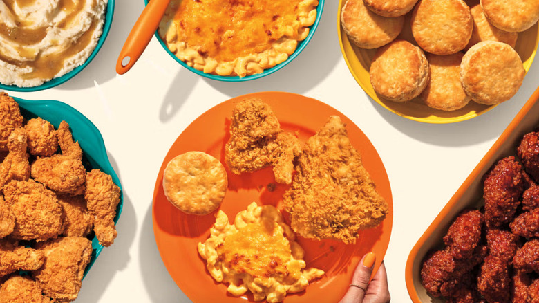An aerial product image of various catered food options from Popeyes