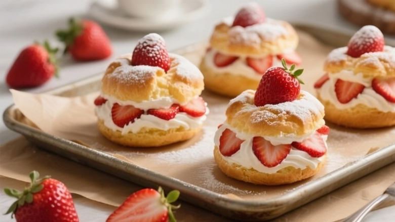 Four puff pastries on a baking tray, each stuffed with strawberries and cream and topped with powdered sugar.