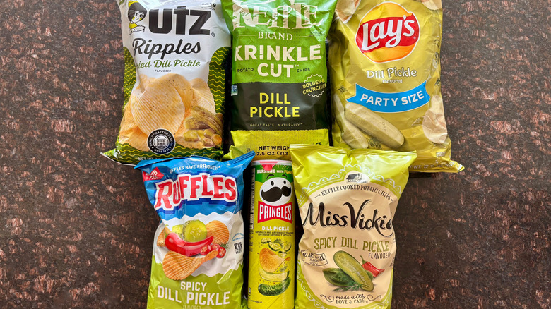 Pickle flavored potato chip bags on countertop
