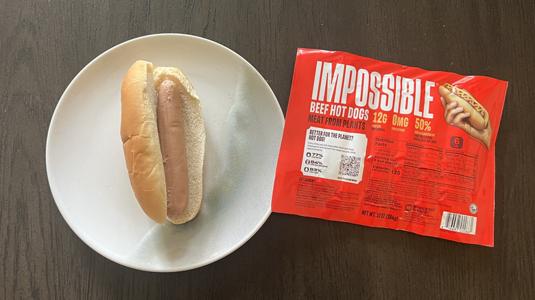 Impossible beef hot dog on a bun.