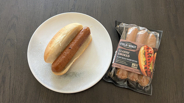 Field Roast classic smoked frankfurter on a bun.