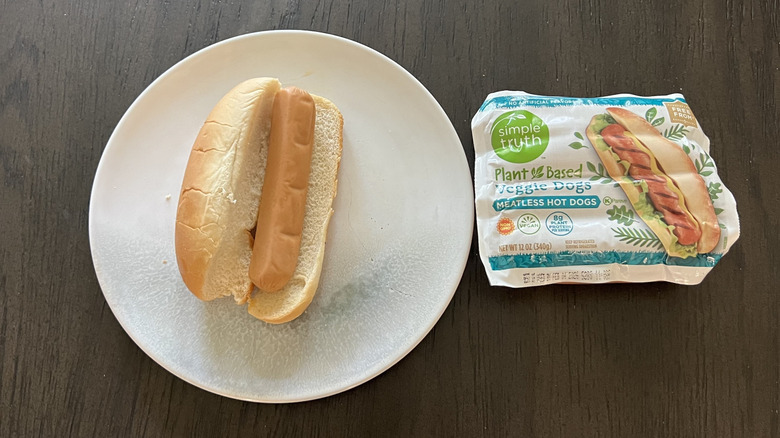 Kroger Simple Truth plant-based veggie dog on bun.