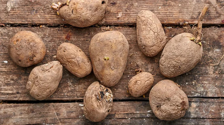 Aerial shot of wrinkled potatoes on a table