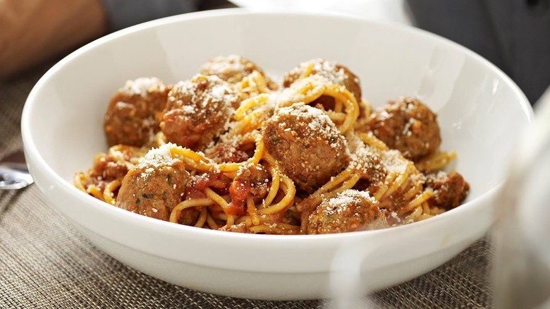 Bowl of spaghetti and meatballs from Romano's Macaroni Grill