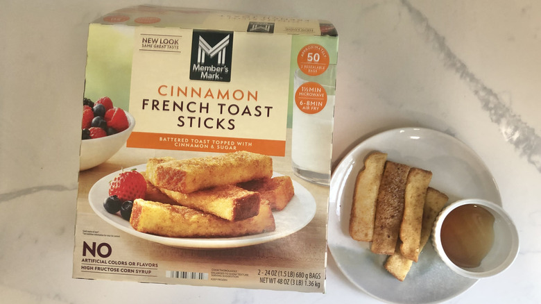 Member's Mark cinnamon french toast sticks on a plate with syrup.