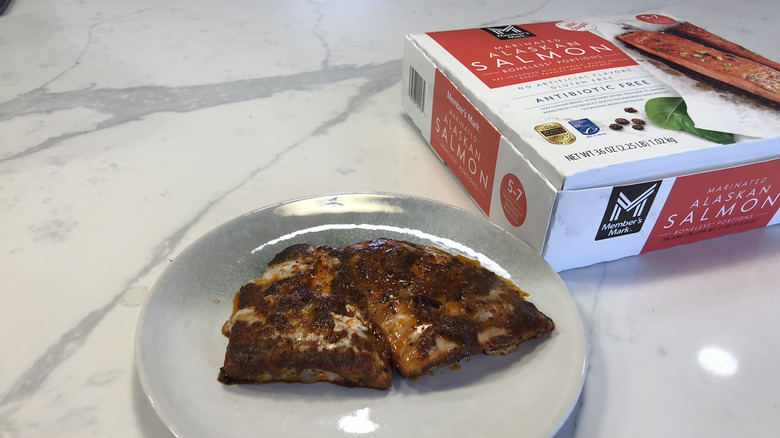 Two pieces of Member's Mark Alaskan salmon on a plate.