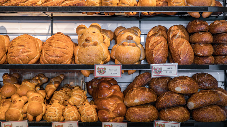 Animal-shaped loaves on shelves at Boudin Bakery