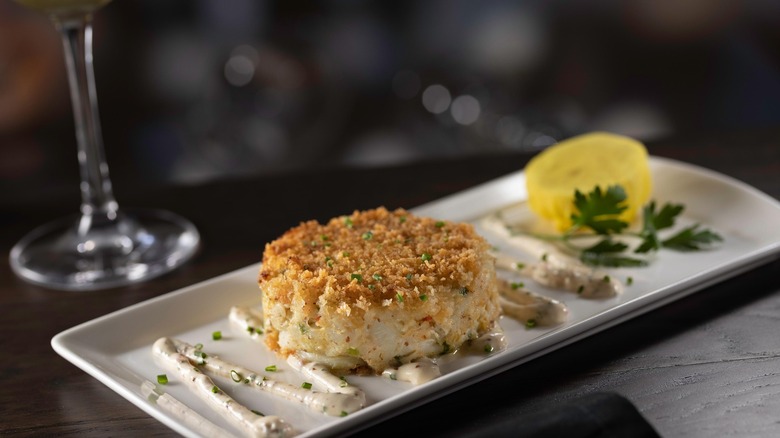 Eddie V's Prime Seafood crab cake appetizer.