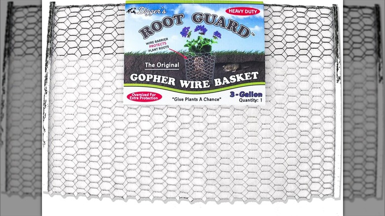 A wire metal basket packaged to say "root guard."