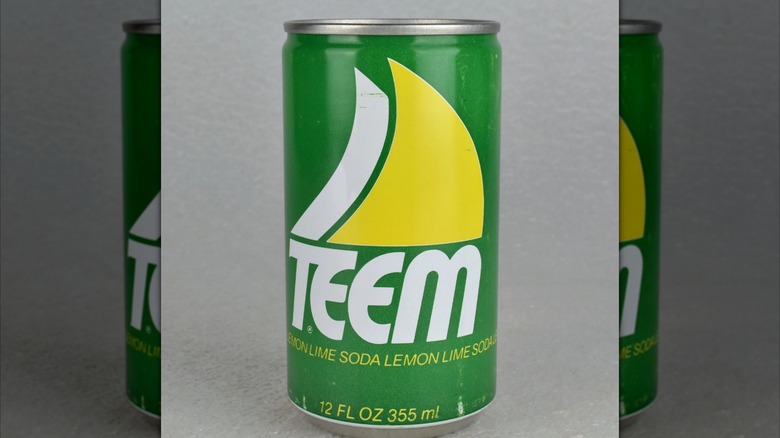 Mirrored image of green Teem can against grey background