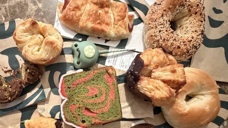 overhead shot of Starbucks bakery items