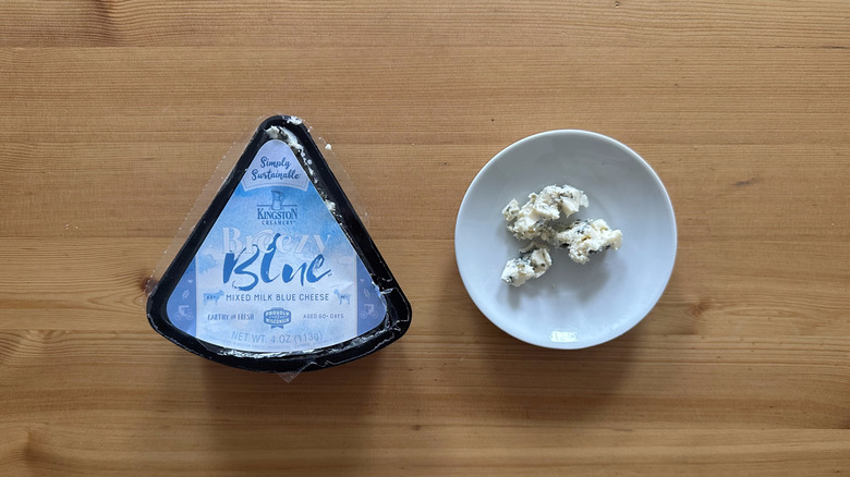Kingston Creamery Breezy Blue Mixed Milk Blue Cheese on wooden table