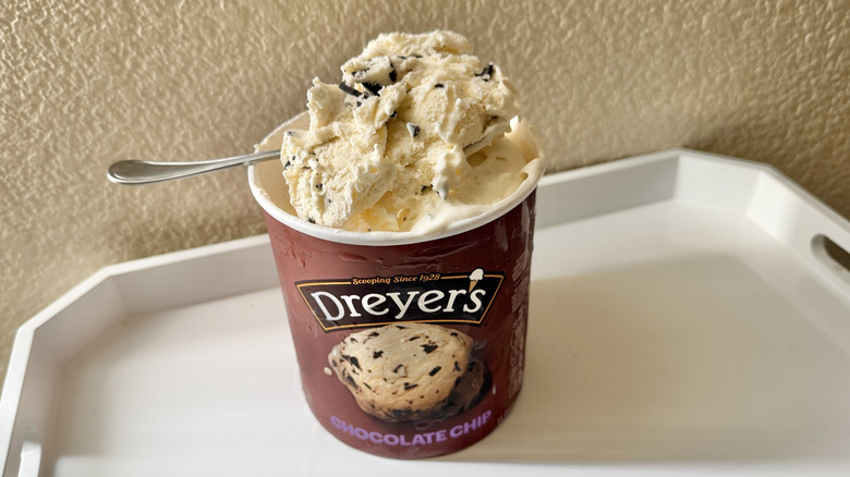 Dreyer's tub of ice cream on a tray