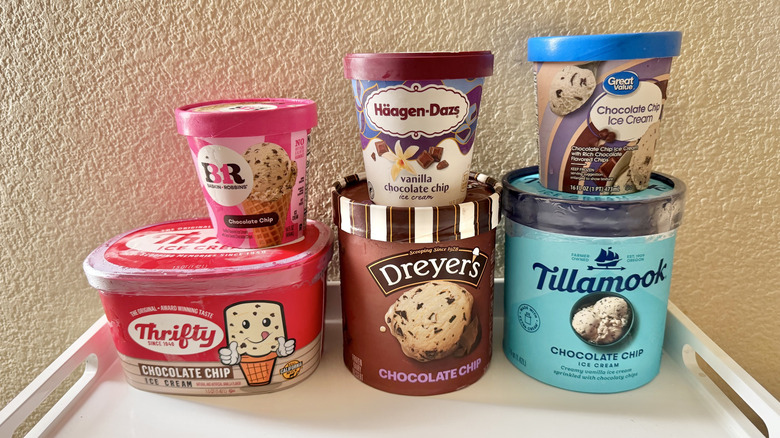 Various chocolate chip ice creams on tray